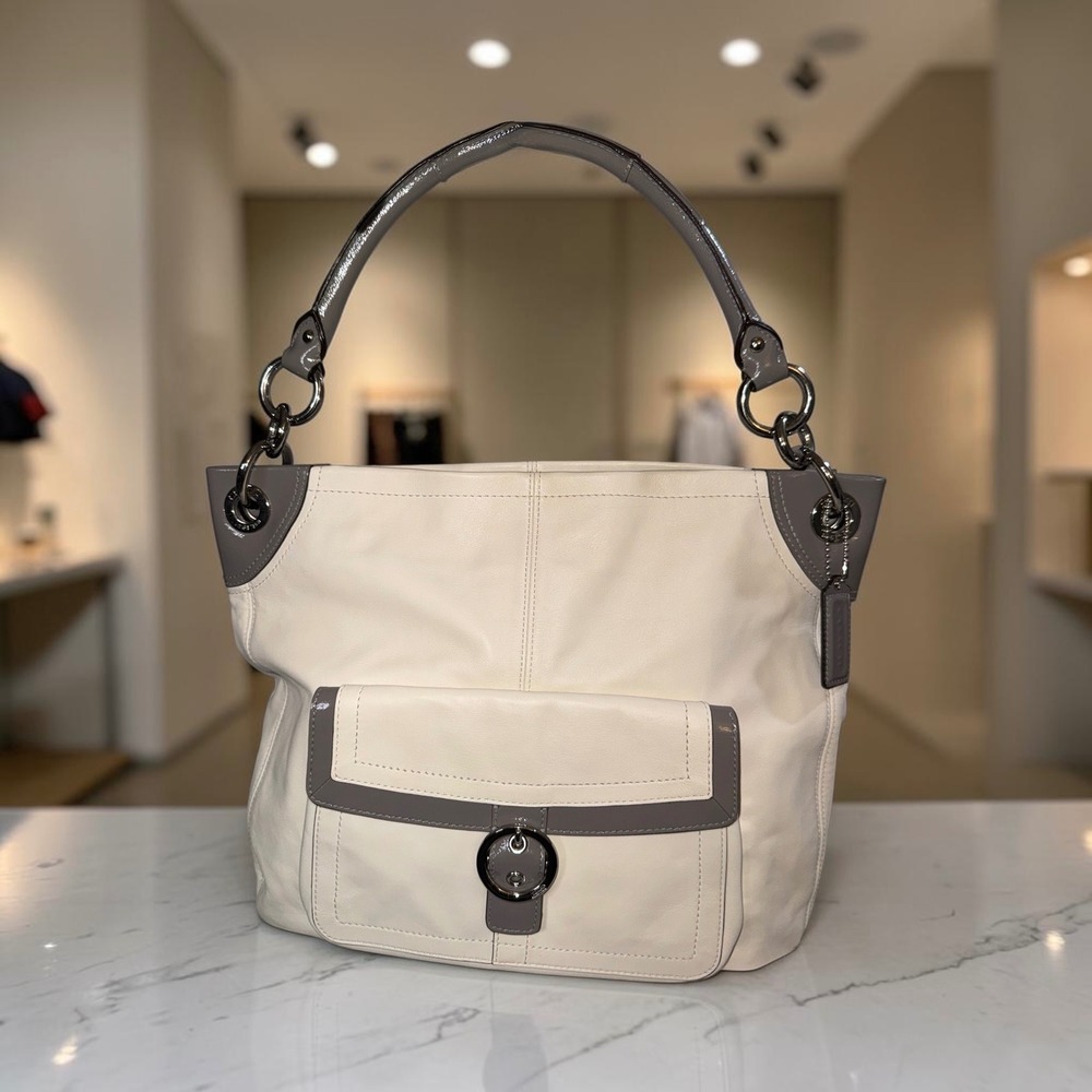 Coach Penelope Leather Shoulder Bag Cream Grey Hobo Handbag F18889